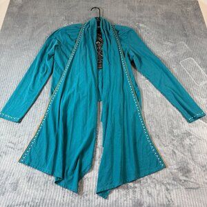 Double D Ranch Turquoise Open Front Cardigan S/M Studded Cross Beaded Waterfall
